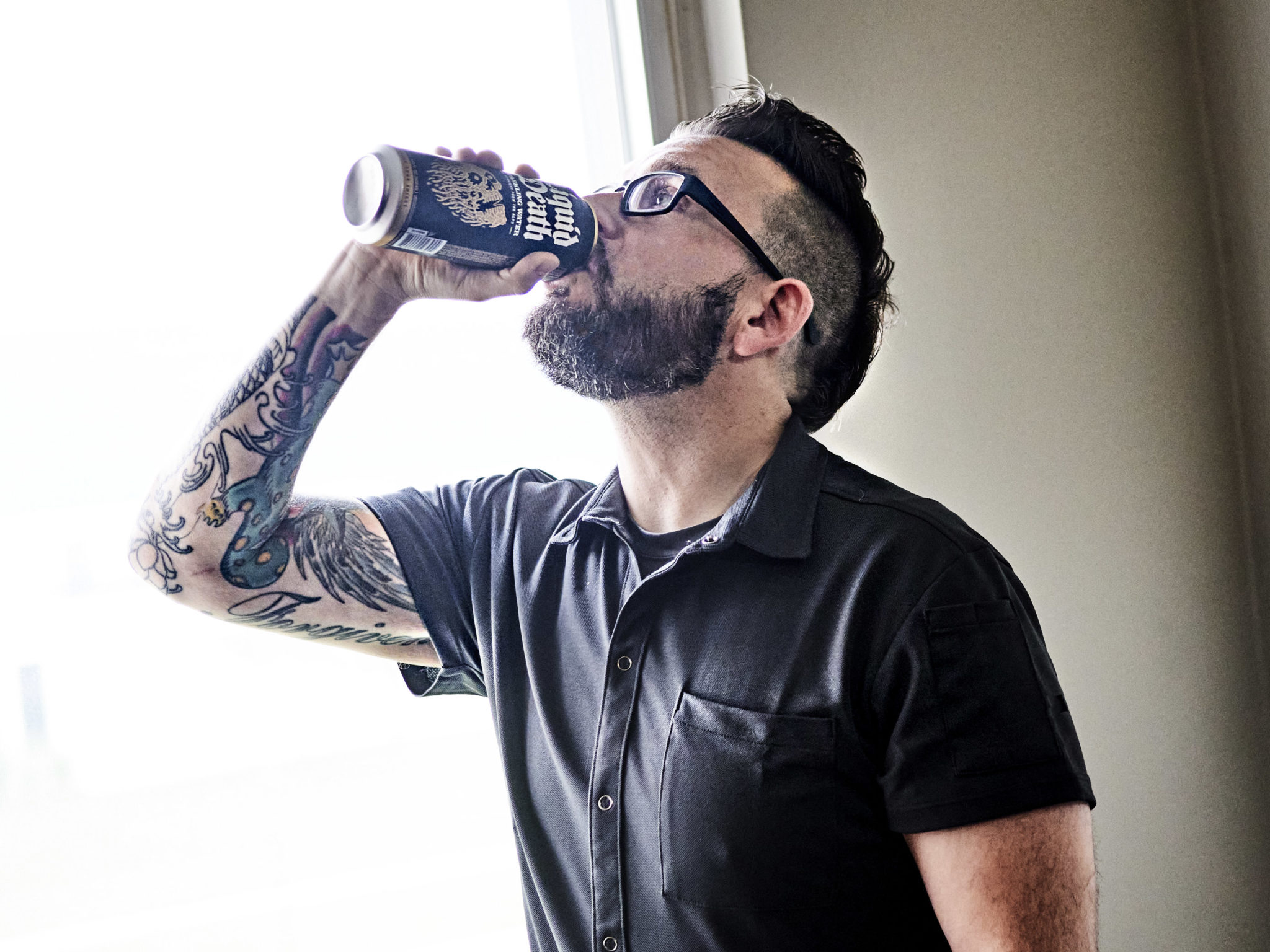 Max Schikora drinks a can of Liquid Death.